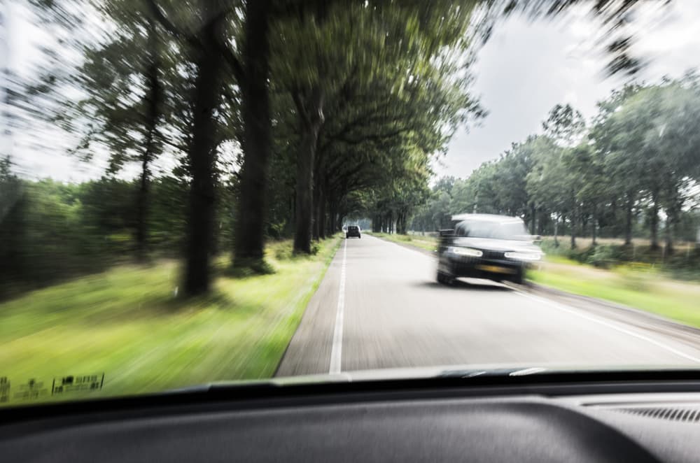 View from a moving vehicle's dashboard, trees blurred by speed, oncoming car.